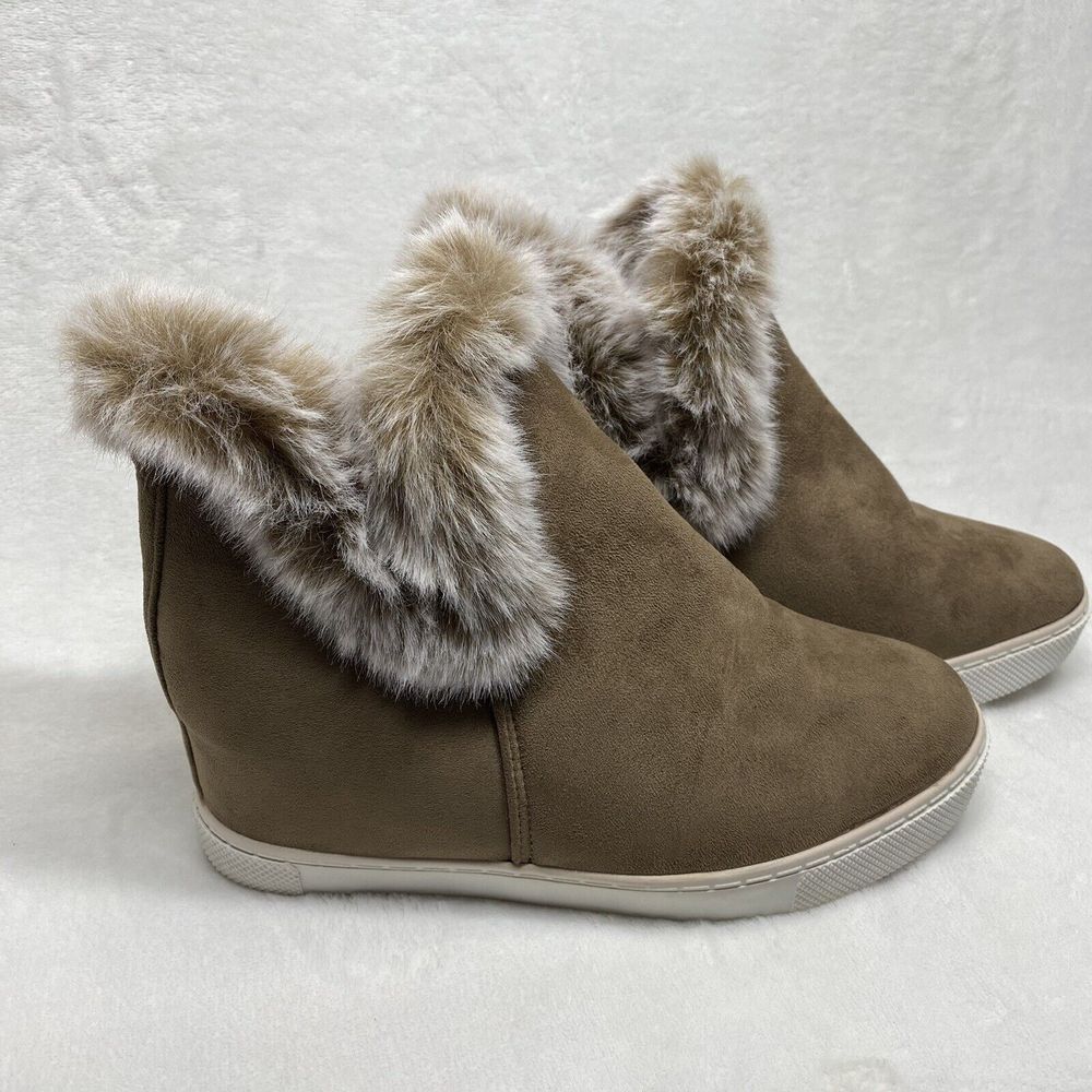 Jessica Carlyle Faux Suede Wedge Booties‎ Faux Fur Trim Casual Ankle Boots Sz 9